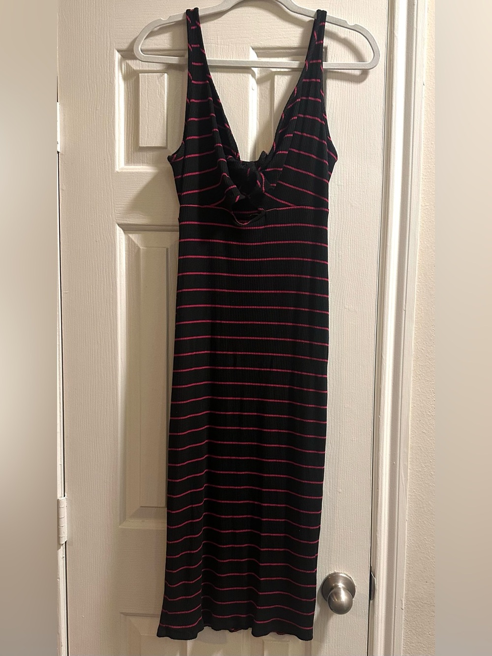 Express Black Ribbed Midi Dress with Pink Stripes